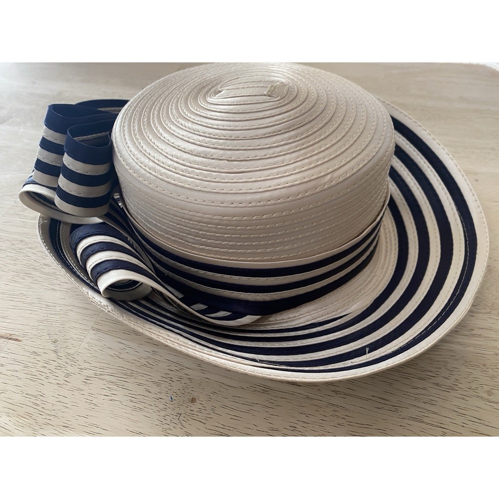 Vtg Cream Satin Ribbon Coiled Derby Hat Navy Stripe Bow Cocktail Tea Party 7" - Picture 3 of 11